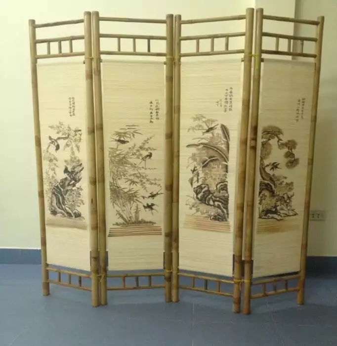 Bình Phong Khung Tre Màu Ngà Tranh Tứ Qúy